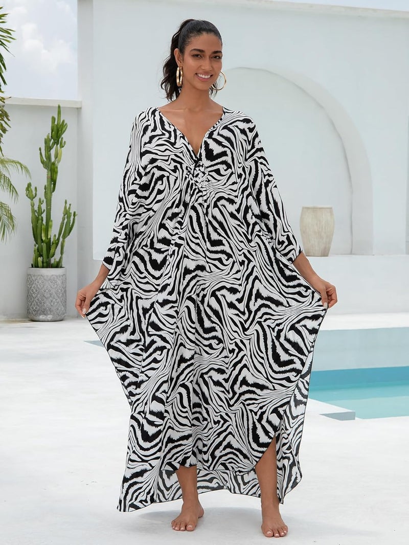 IMAGEKOPE Women's Plus Size Animal Print V-Neck Batwing Kaftan Beach Dress Bathing Suit Cover-Up Loungewear - Image 2